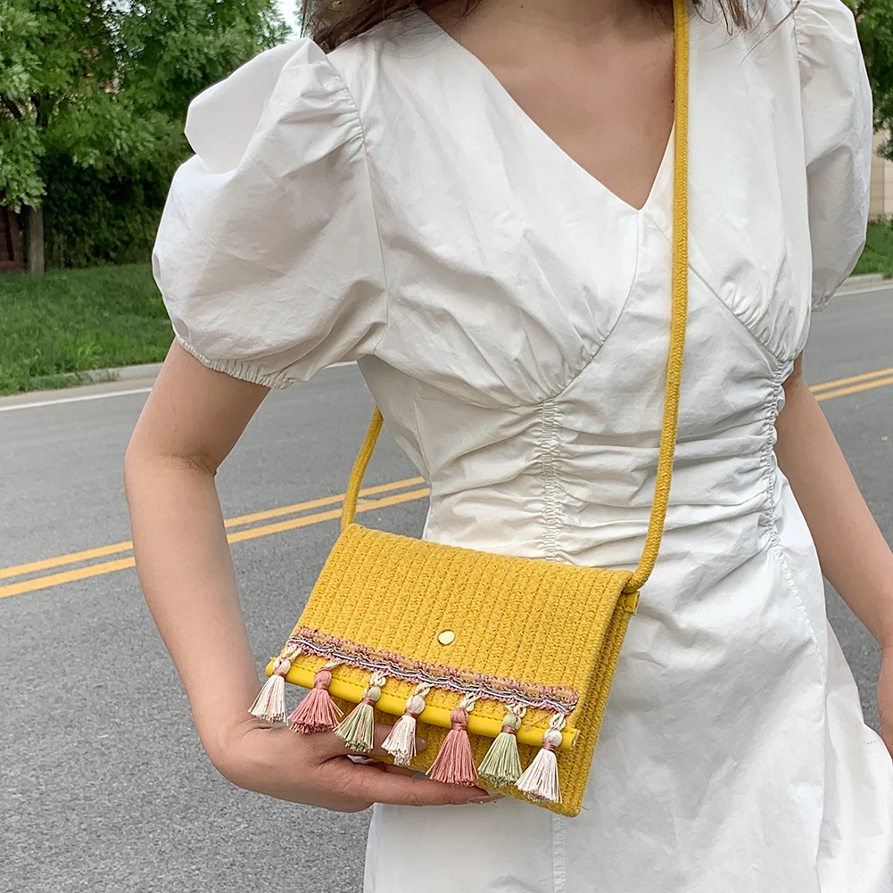 Dual Strap Straw Crossbody Shoulder Bag with Detachable Coin Purse - Yellow