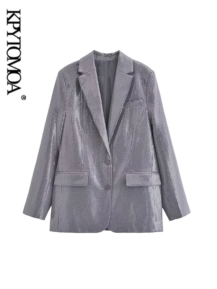 

KPYTOMOA-Women's Sequined Loose Blazers, Long Sleeve Coat, Flap Pockets, Female Outerwear, Chic Tops, Fashion