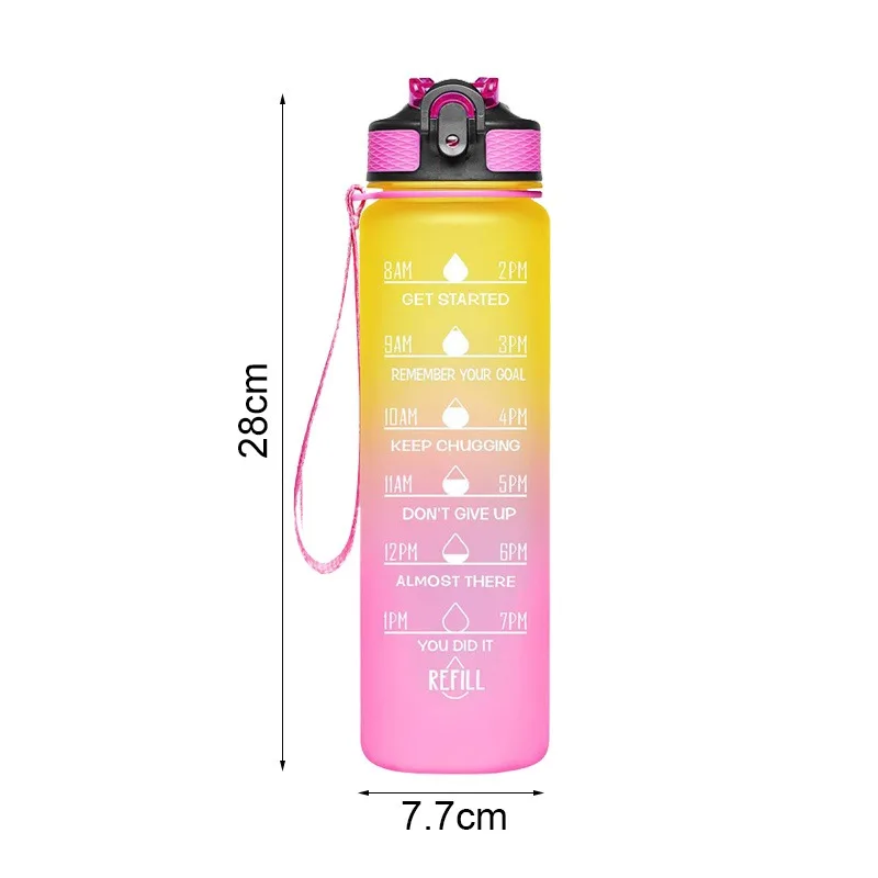 여자를위한 밀짚 동기 부여 스포츠 물병과 750ML 물병 누출 방지 마시는 병 야외 여행 피트니스 주전자