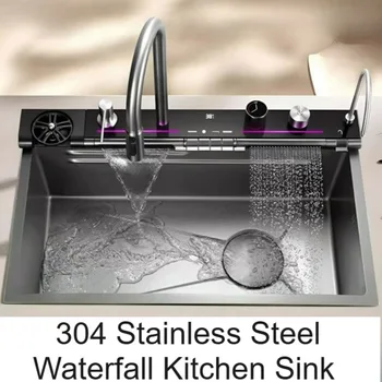 อ่างล้างจานสแตนเลส 304 แบบน้ำตก ดีไซน์หรูหราทันสมัย พร้อมจอแสดงผล LED ชุดก๊อกน้ำอ่างล้างจานพร้อมที่จ่ายสบู่และแก้ว 1