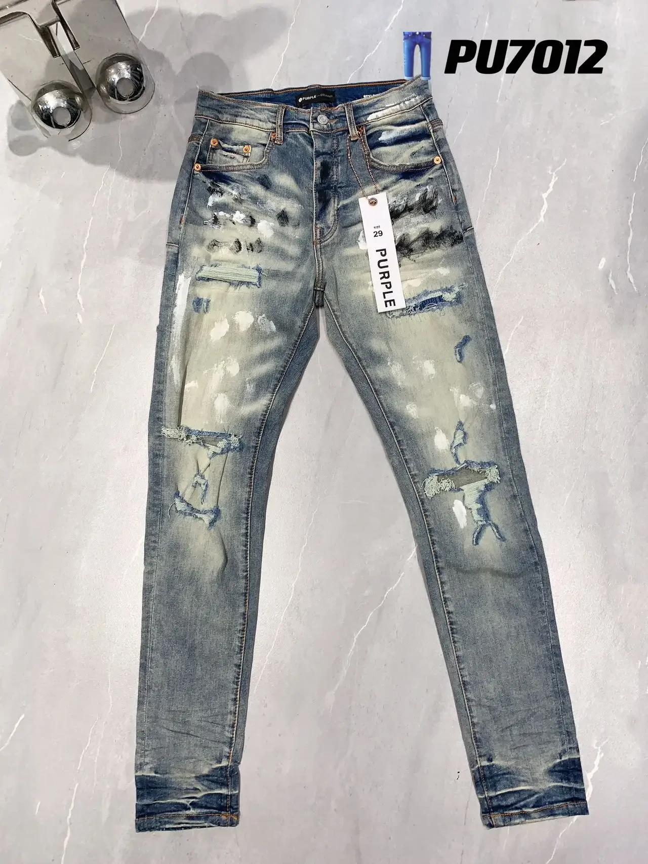 

Purple Brand Men's Slim Fit Paint Print Damaged Hole Skinny Blue Denim Jeans Pants