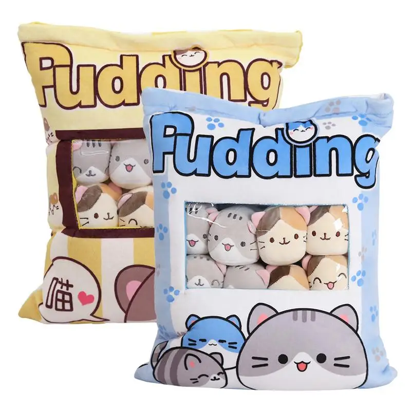 Puddings Snack Pillow Cat Throw Pillow with Removable Stuffed Animal Toys Creative 8pcs Snack Zipper Bag Decor Cushion for Girls