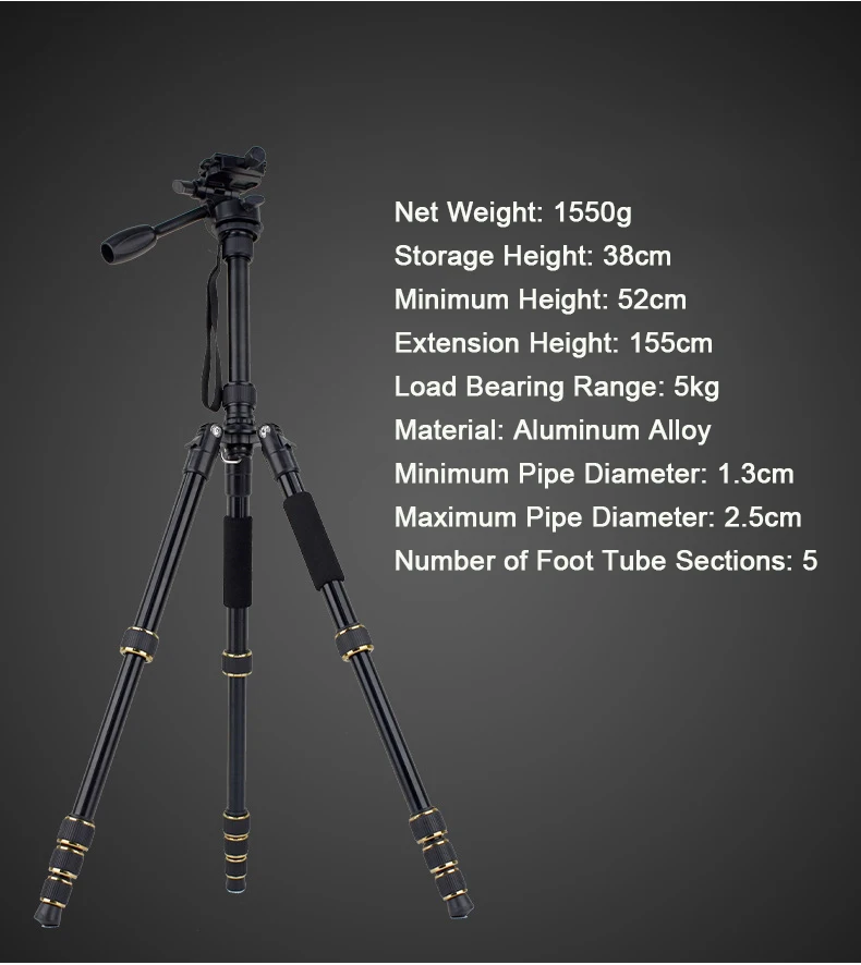 캐논 니콘 DSLR SLR 디지털 카메라용 고속 플레이트 마운트 팬 헤드, 여행용 셀프 삼각대, 알루미늄 높이 60 인치 155cm 스탠드