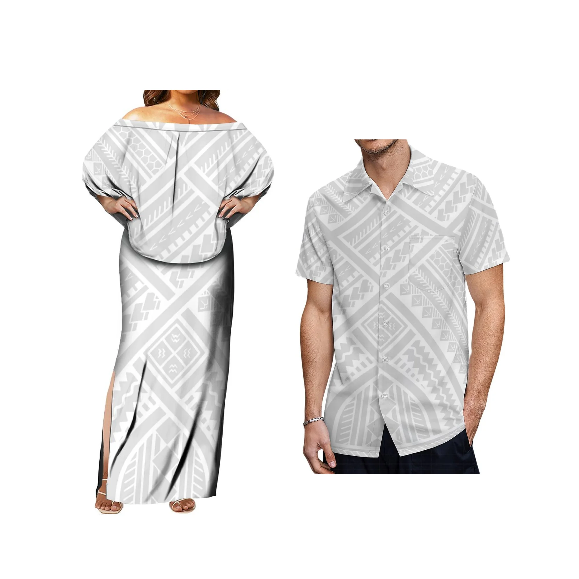 

New Wholesale Custom mother day White Dress Slant Shoulder Frill Layered Ruffle Dresses Polynesian Tribal Maxi Bodycon Dress