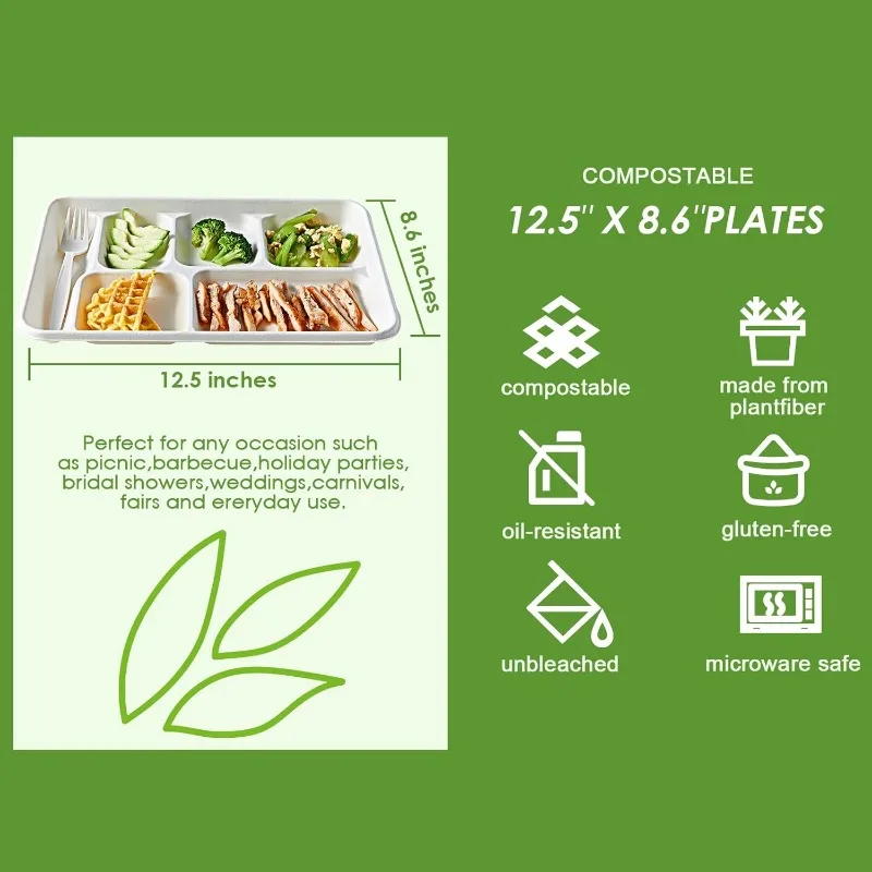 Compostable 6 Compartment Plates, 90 Pack Compartment Paper Plate, 12.5x8.6 inch Disposable School Lunch