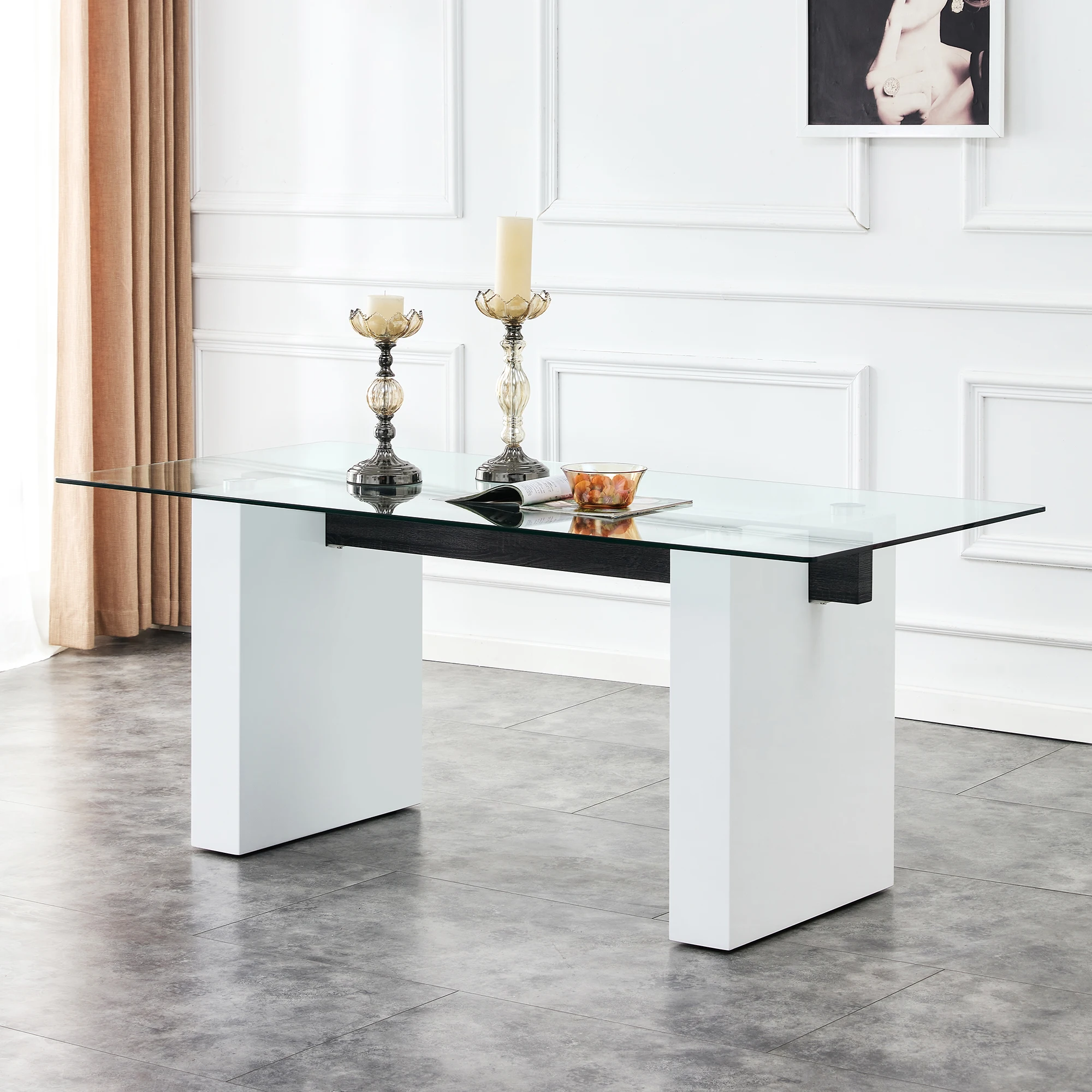 

Large modern simple rectangular glass table, which can accommodate 6-8 people, equipped with 0.39-inch tempered glass table top