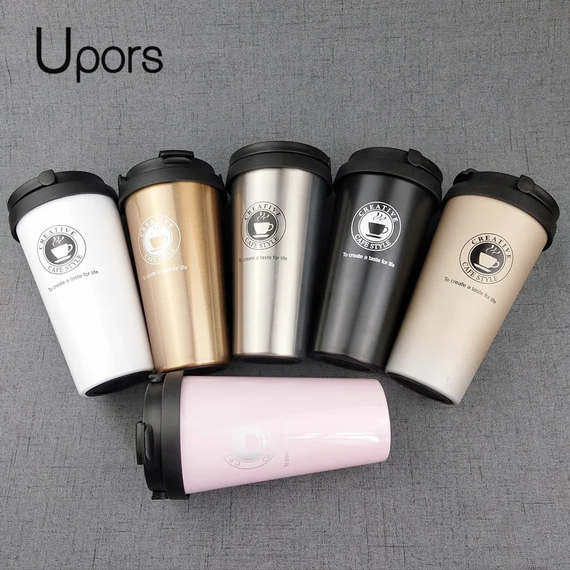맥주잔 UPORS 500ml 스테인레스 스틸 여행용 커피 머그잔 – 크리에이티브 디자인, 이중 벽 진공 절연, 넓은 입구와 차가운 컵, 뚜껑 포함