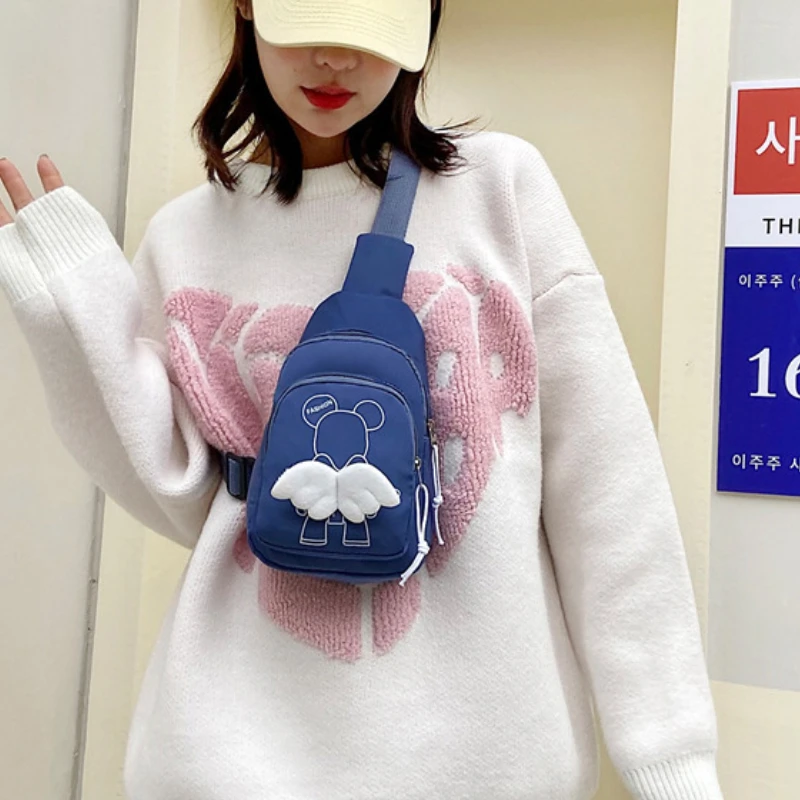 Japanese Cute Simple Wings Little Bear Chest Bags Female New Solid Color Student Shoulder Mobile Phone Bag All-match