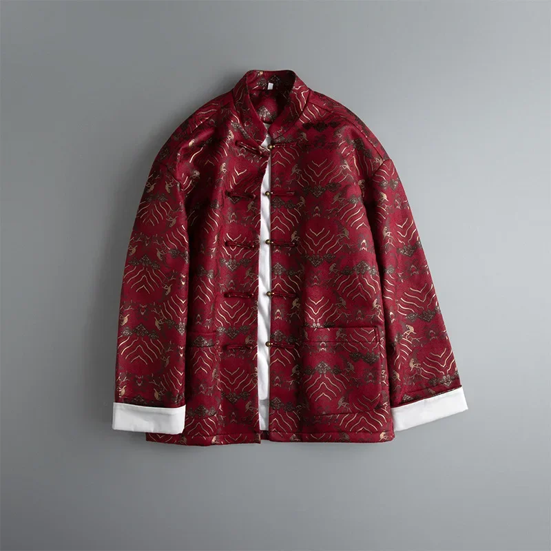 New Chinese Style Cotton Enhanced Jacket Wave Pattern Gold Stamp Printing Handmade Button Tang Suit Copper Button Outerwear