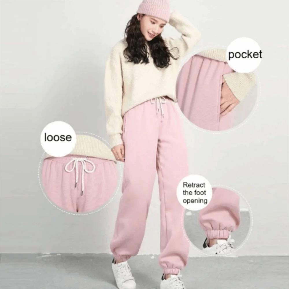 High Waist Fleece Lined Joggers Fleece Lined Adjustable Drawstring Harem Pants Stretchy Solid Color Plush Pants Sports