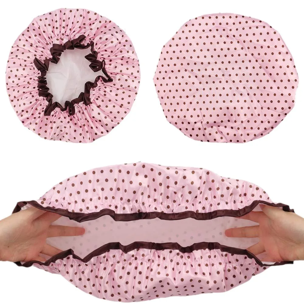 1PC Waterproof Shower Cap Leopard Print Double Layer Elastic Shower Hair Cover Reusable Wave Point Shower Cap Bathroom Supplies