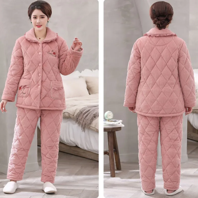 2023 New Pajama Women's Winter Autumn Thickened Fleece Cotton Loungewear Middle-aged Elderly Three-layer Mother's Homewear Set