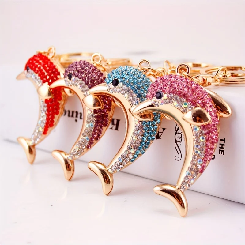 1pc Rhinestone Dolphin Keychain Cute Animal Metal Key Ring