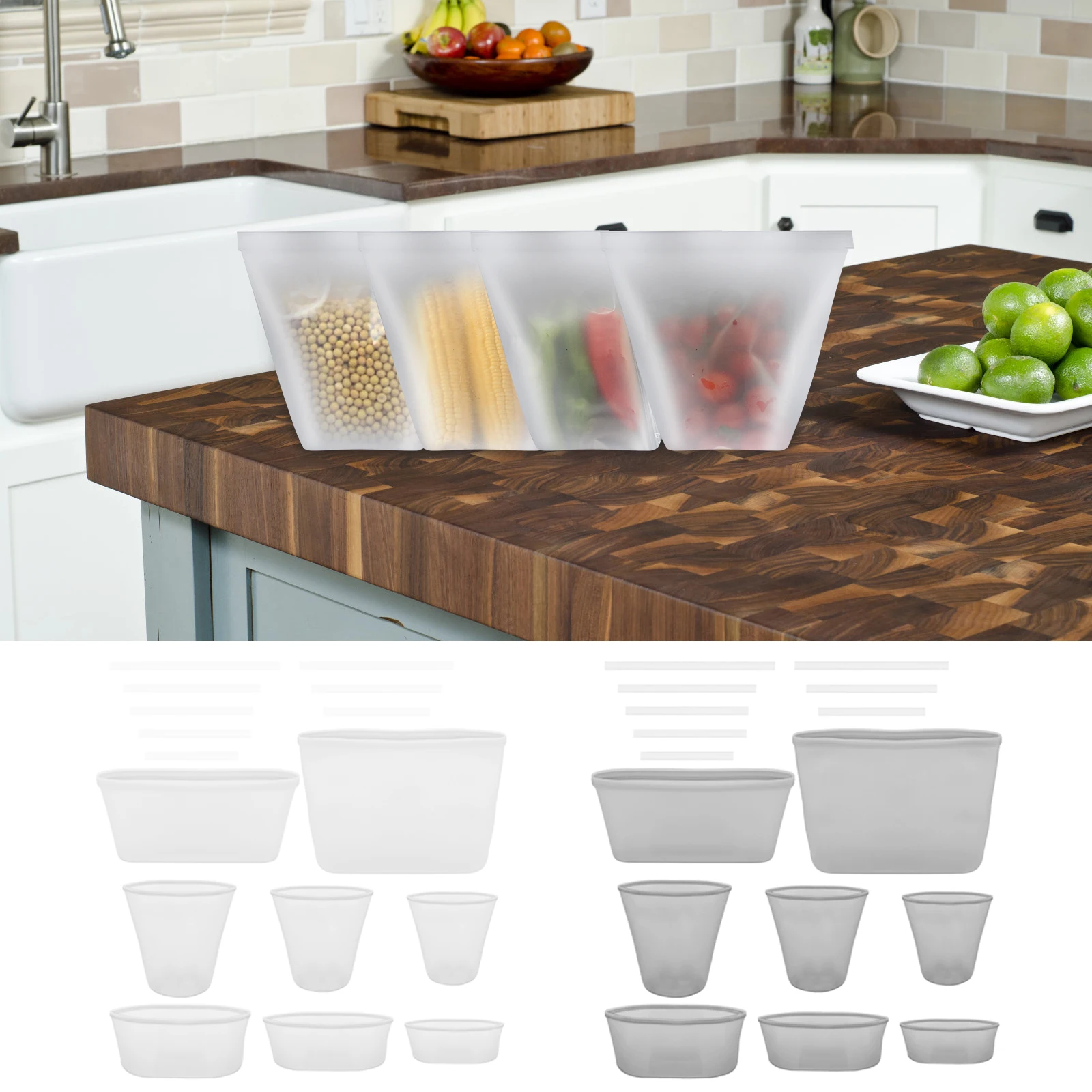 

8Pcs Silicone Food Storage Bag Reusable Freezer Food Bag with 8 Sealing Clip Safe Food Sealing Container Leaf-Proof Sandwich