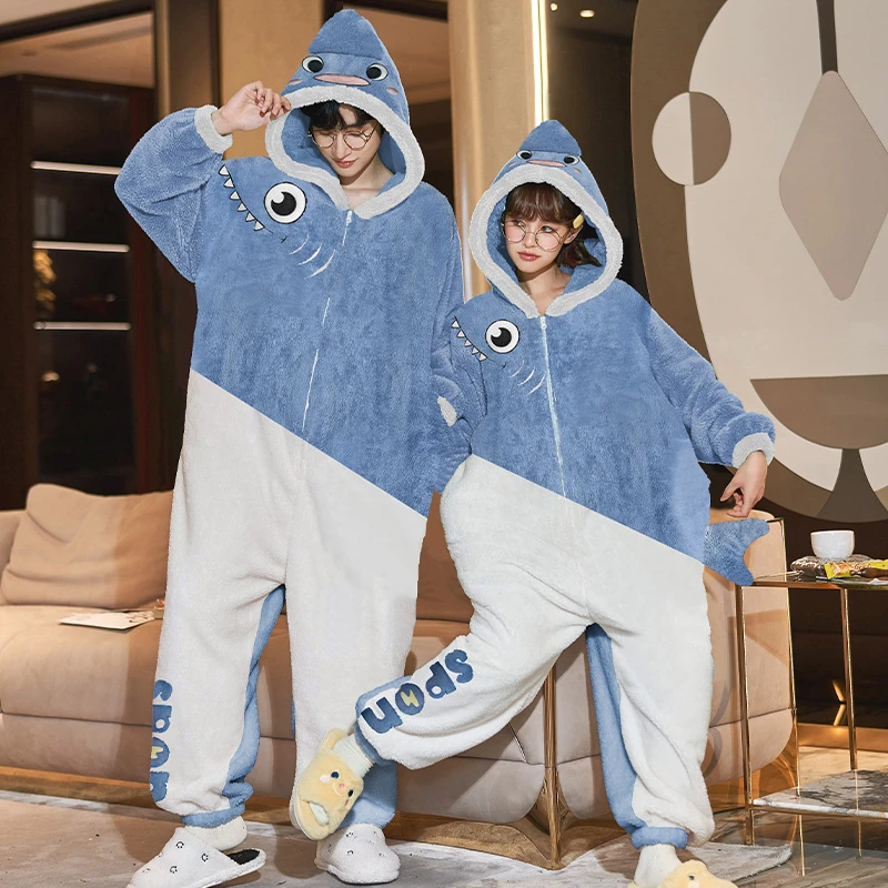 Kigurumis Dinosaur Onesie Couples Sleepwear Women Men One-Pieces Cartoon Winter Thicken  Homewear Pajamas  Lovers Unisex Pyjama