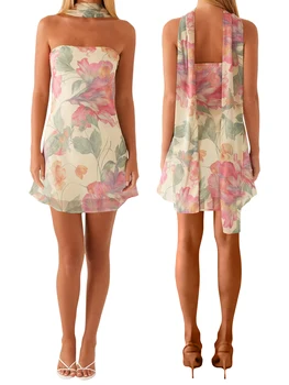 Women Sexy V-Neck Lace Bodycon Dress Sleeveless Backless Floral Print  Fit Party Mini Dress with Belt 3