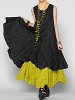 Women Summer Cake Dress Casual Round Neck Sleeveless Fake Two Pieces Gathered Indie Folk Patchwork Loose Maxi Dress Plus Size