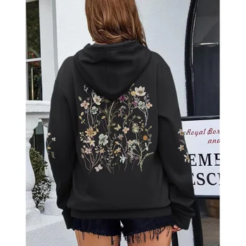 2025 جودة عالية موضة العشب ليليوم الأزهار طباعة هوديي الرجعية الكلاسيكية نمط الأزهار البلوز شخصية متعددة الاستخدامات 4