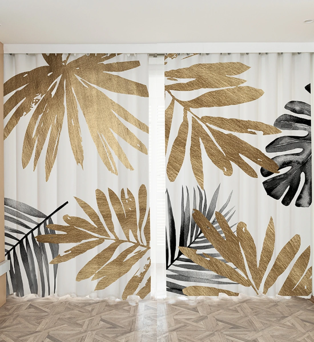 

2Panels Custom Nordic Ins Modern Simple Light Luxury Personality Gold Leaf Living Room Bedroom Semi-blackout Thin Decor Drape
