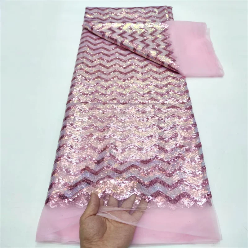 

African Lace Fabric 2024 High Quality Pink French Cord Net Sequins Fabric Sewing Embroider Tulle Nigeria Woman's Dress 5 Yards