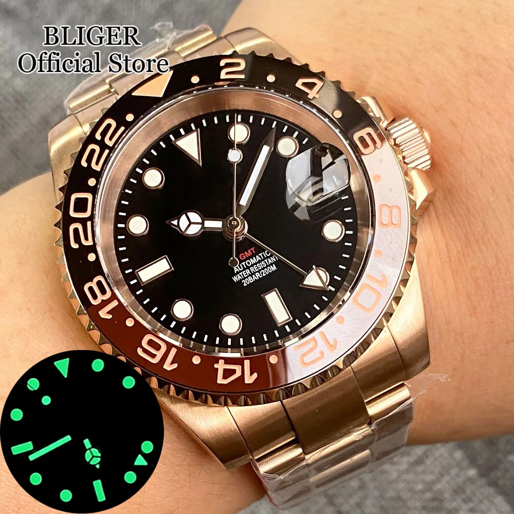 

NH34A 20ATM Waterproof 40mm Rose Gold NH34 GMT Automatic Watch For Men Steel Strap Ceramics Bezel Sapphire Glass Luminous 2022