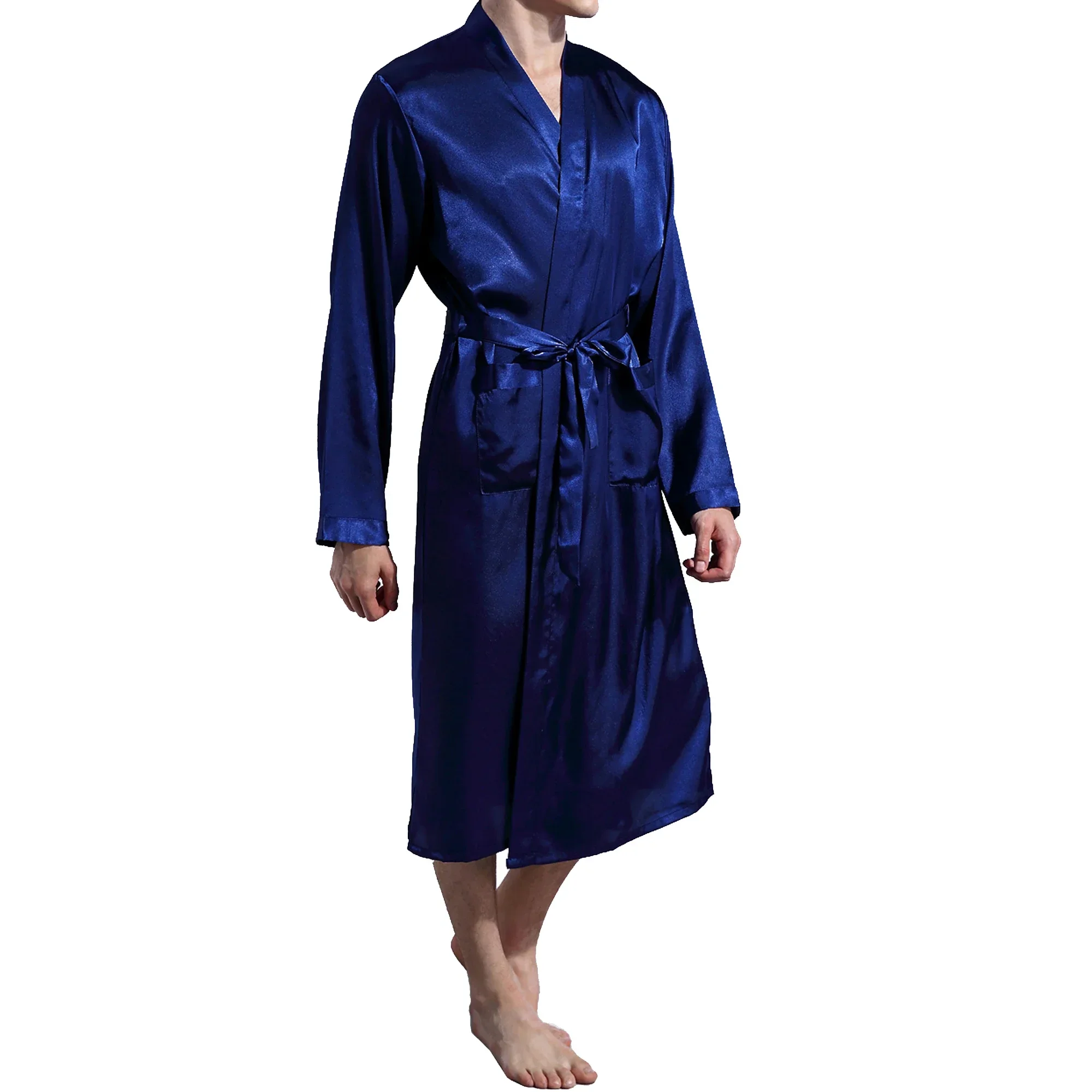 Men Satin Silk Bathrobe Solid Color Long Sleeve V-neck Nightgown Long Robe Man Silk Robe Pajama Sleepwear Kimono Casual Bathrobe