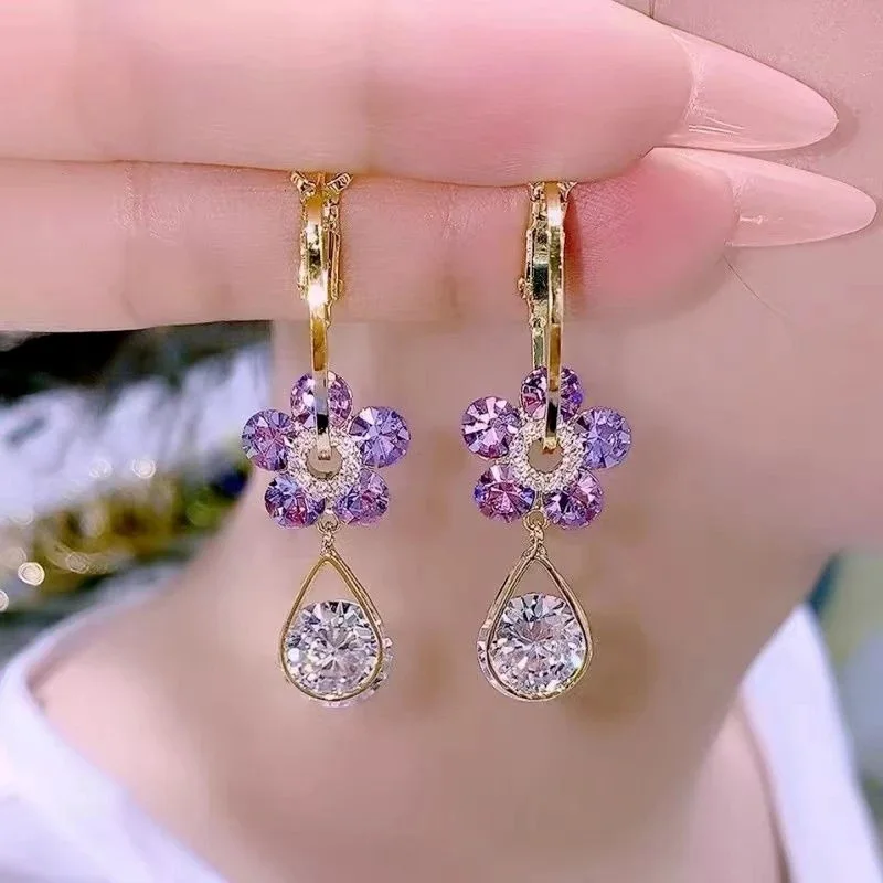 Exquisite Flower Dangle Earings Shiny Full Rhinestones Crystal Drop Earrings Women's Fashion Party Wedding Ear Jewelry Gifts 1
