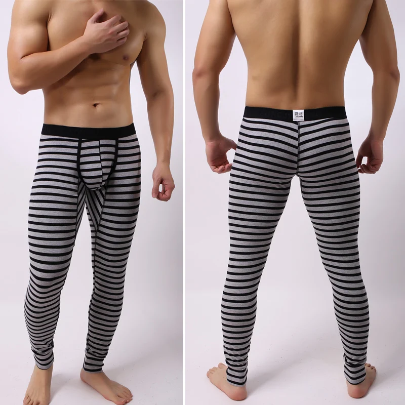 Men's Thermal Underwear Bottoms Sexy Long Johns Warm Cotton Underwear Bulge Penis Pouch Low Rise Men Leggings Man Striped Lounge 5