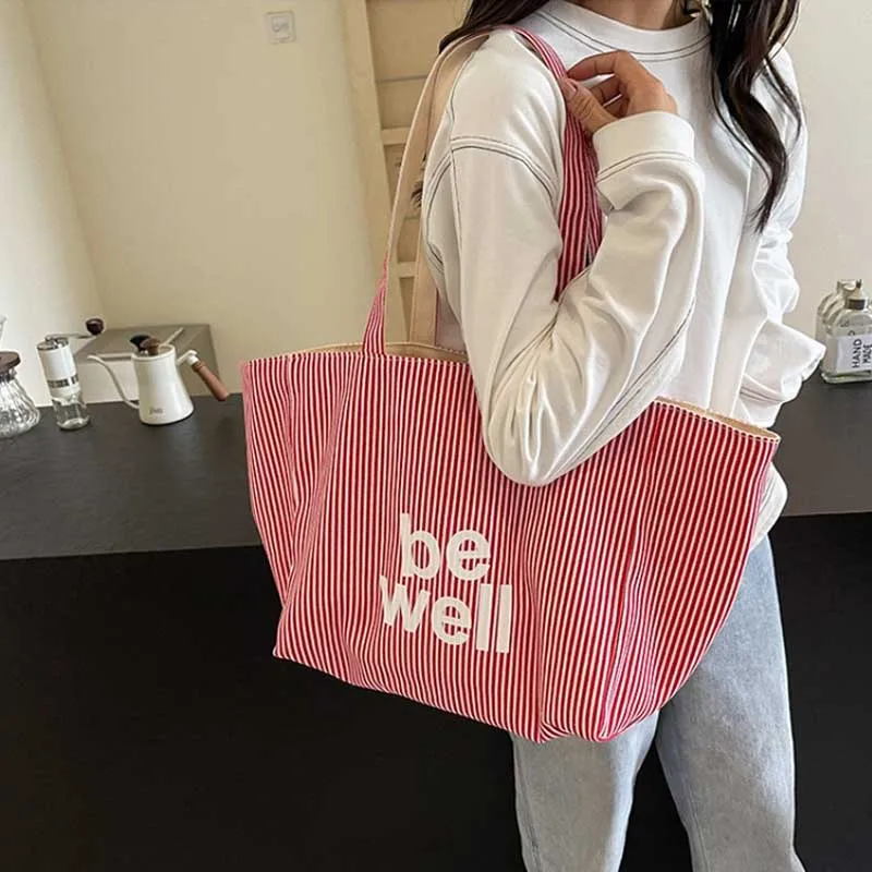 Casual Large Stripe Women's Shoulder Bag 2026 New Fashion Commuter Tote Bag High Capaci Canvas Handbag for Youth bolso mujer