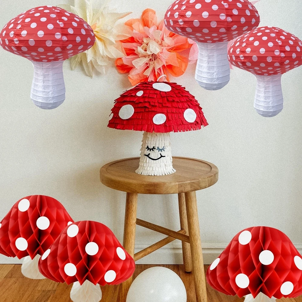 20/30CM Red Mushroom Paper Honeycomb Lantern Hanging Ornaments For Kids Woodland Mushroom Birthday Party Decoration Gifts Supply