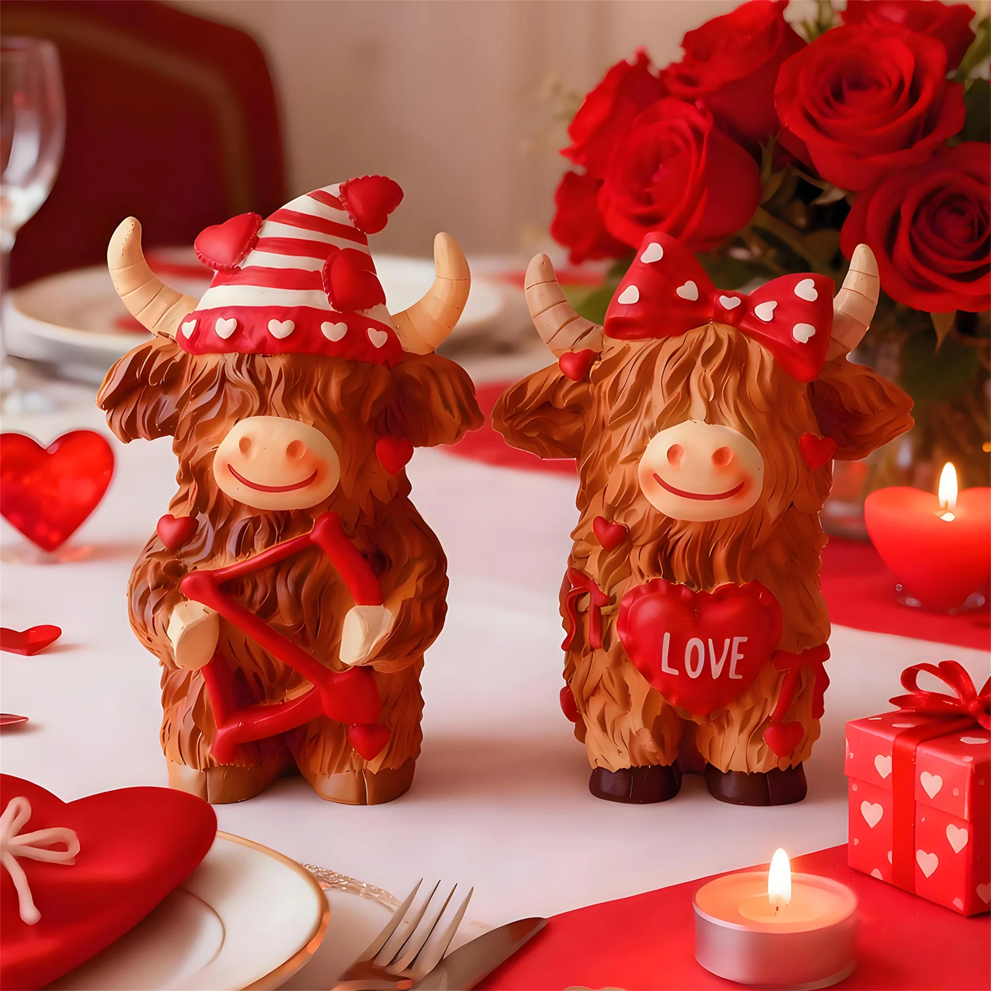 Valentine s Day Highland Cow Figurines Set of 2 Resin Heart Animal Statues for Home Decor and Holiday Parties