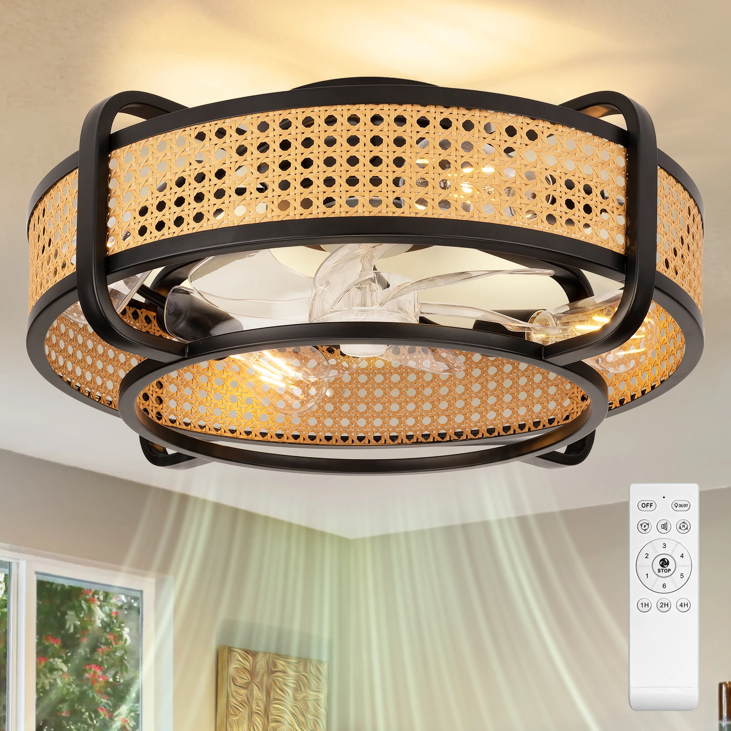 Boho Vintage Rattan Fandelier 20" Flush Mount Rattan Shade Black Caged Ceiling Fan Bladeless/Low Profile/6-speed/Quiet Motor