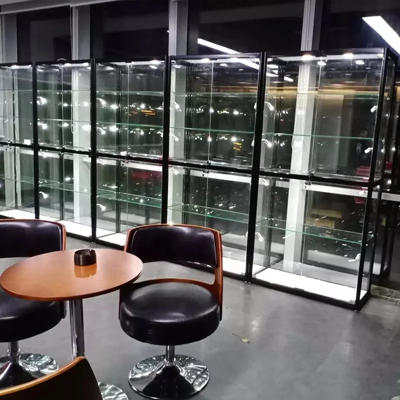 커스텀 풀 뷰 알루미늄 프레임, 잠금 가능한 수직 Vitrine 디스플레이, LED 조명 유리 디스플레이, 쇼케이스 캐비닛