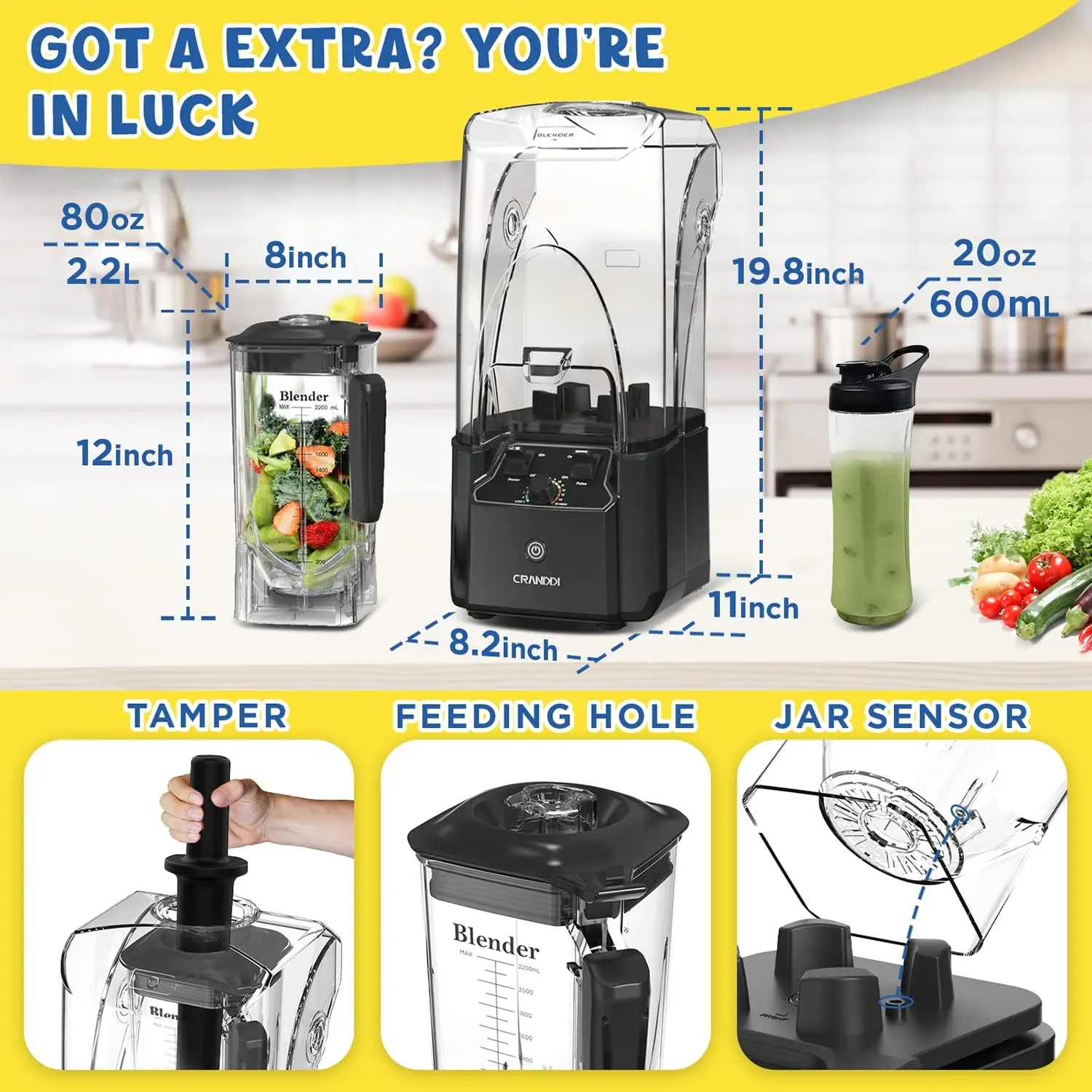 Quiet Blender, 2200 Watt Professional  Blender with   80oz Pitcher, Built-in Pulse & 15- 5
