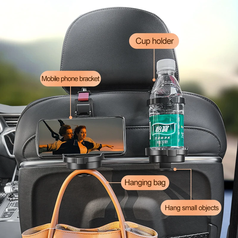 Car Hook, Seat Back Hook, Multifunctional Water Cup Holder, Mobile Phone Holder, Rear Storage for Car Storage