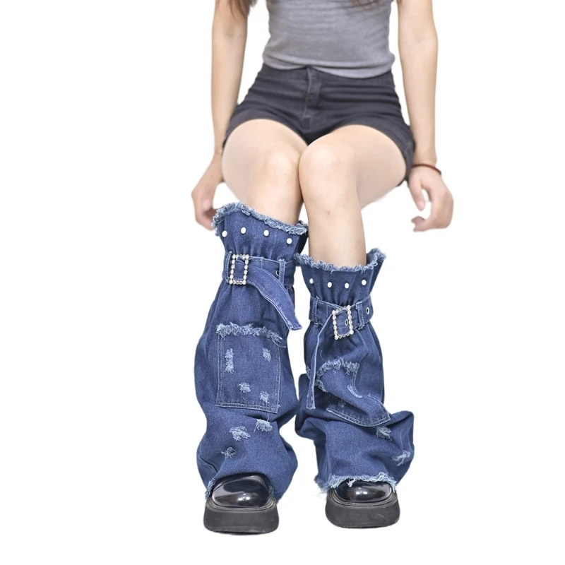 Punk Flared Wide Leg Warmer Buckled Strap Denims Flared Long Socks with Pocket