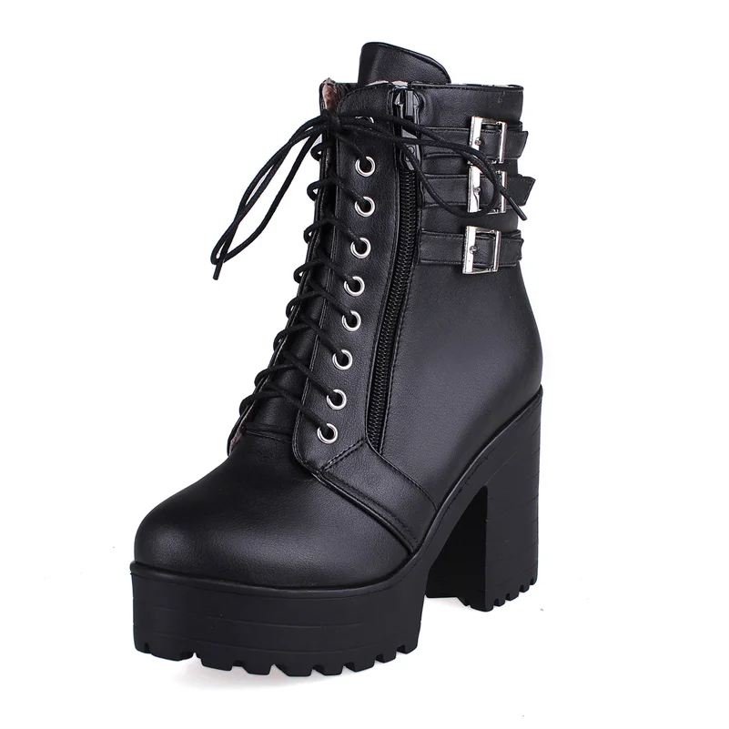 

Women Fashion Chunky Heel Ankle Boots Lace Up Buckled Booties