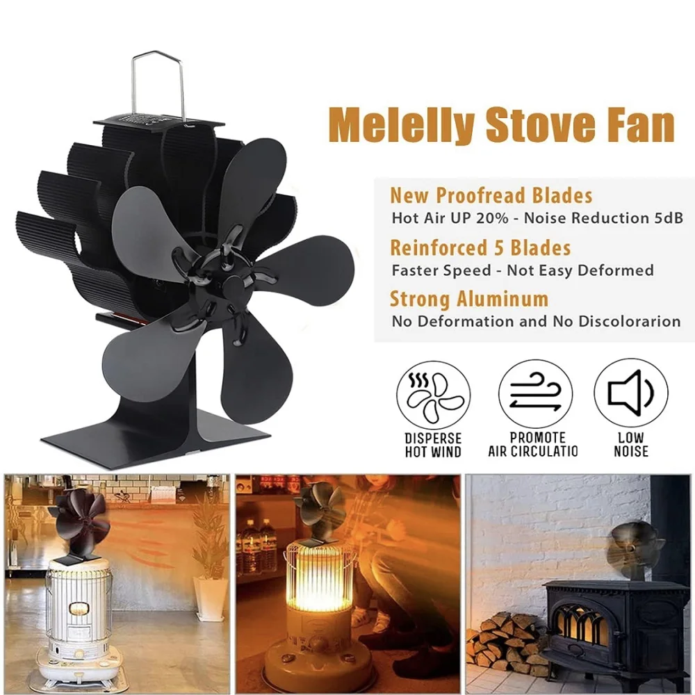 5-Blade Heat Powered Stove Fan Fireplace Fan for Gas/Pellet/Log/Wood Buring Stove Efficient Heat Distribution Log Burner