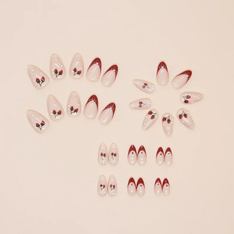 다이아몬드 진주 체리 프렌치 레드 프레스 네일, 아몬드 모양의 가짜 손톱, 여성 및 소녀용 탈착식 네일 아트, 24 개