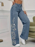 plus Size Women's Loose Straight Leg Jeans Elegant Side White Flower Draw Washed High Waist plus Size Women's Denim Jeans - Image 3
