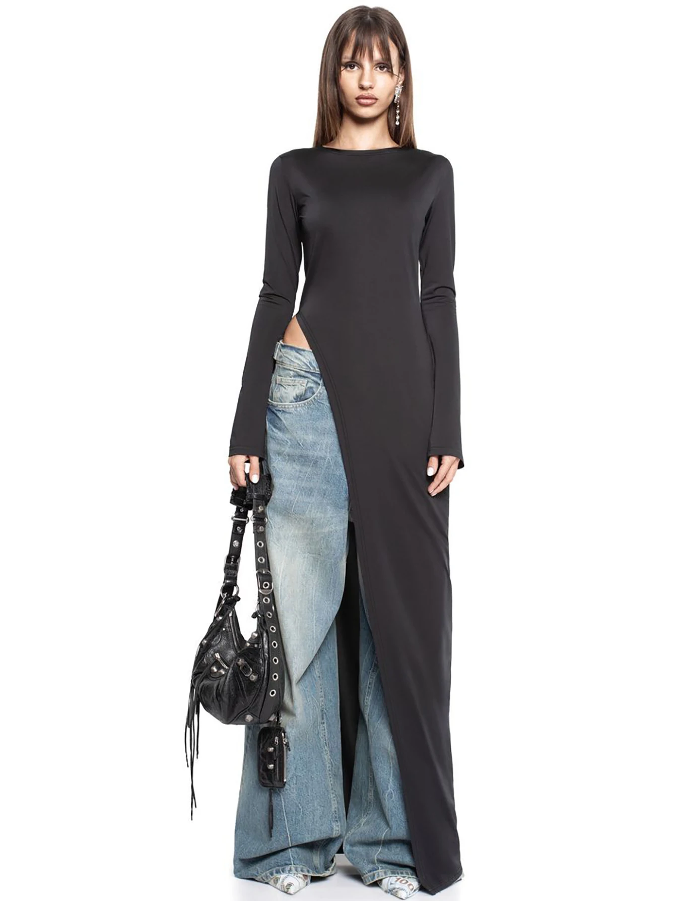 Long Sleeve High Slit Maxi Dress - Solid Sexy Autumn Winter Party Outfit