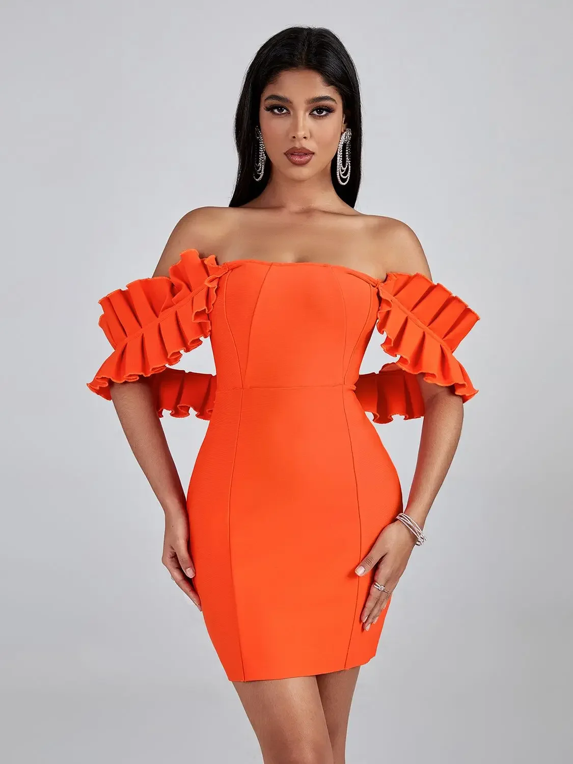 

Orange Bandage Dress Women Mini Party Dress Bodycon Ruffle Elegant Sexy Off Shoulder Birthday Evening Club Outfits Summer