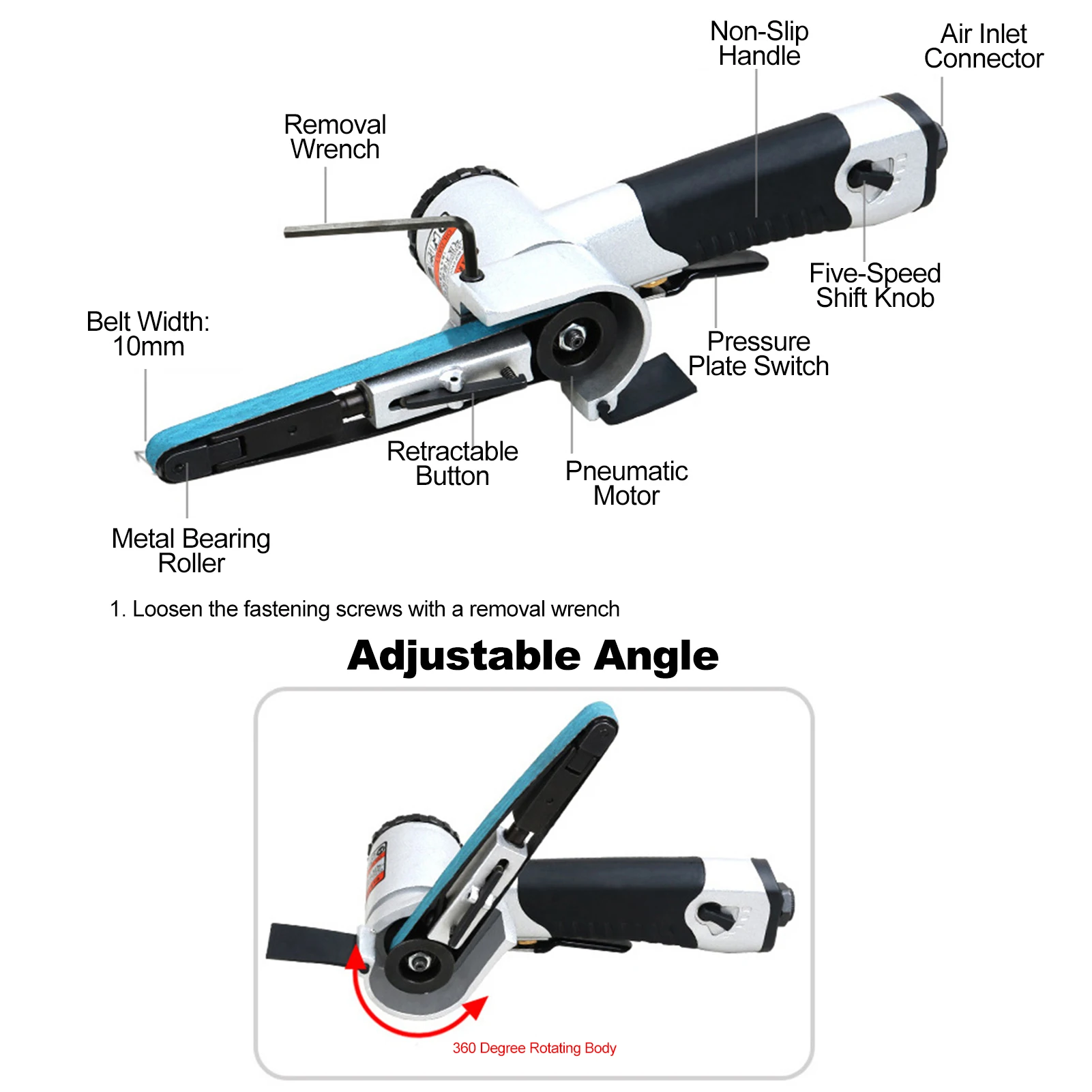 4/5'' x 20.4'' 20mm/10mm Air Belt Sander for Woodworking/Metal Working Handheld All Angle Grinder Belt Grinder with Sanding