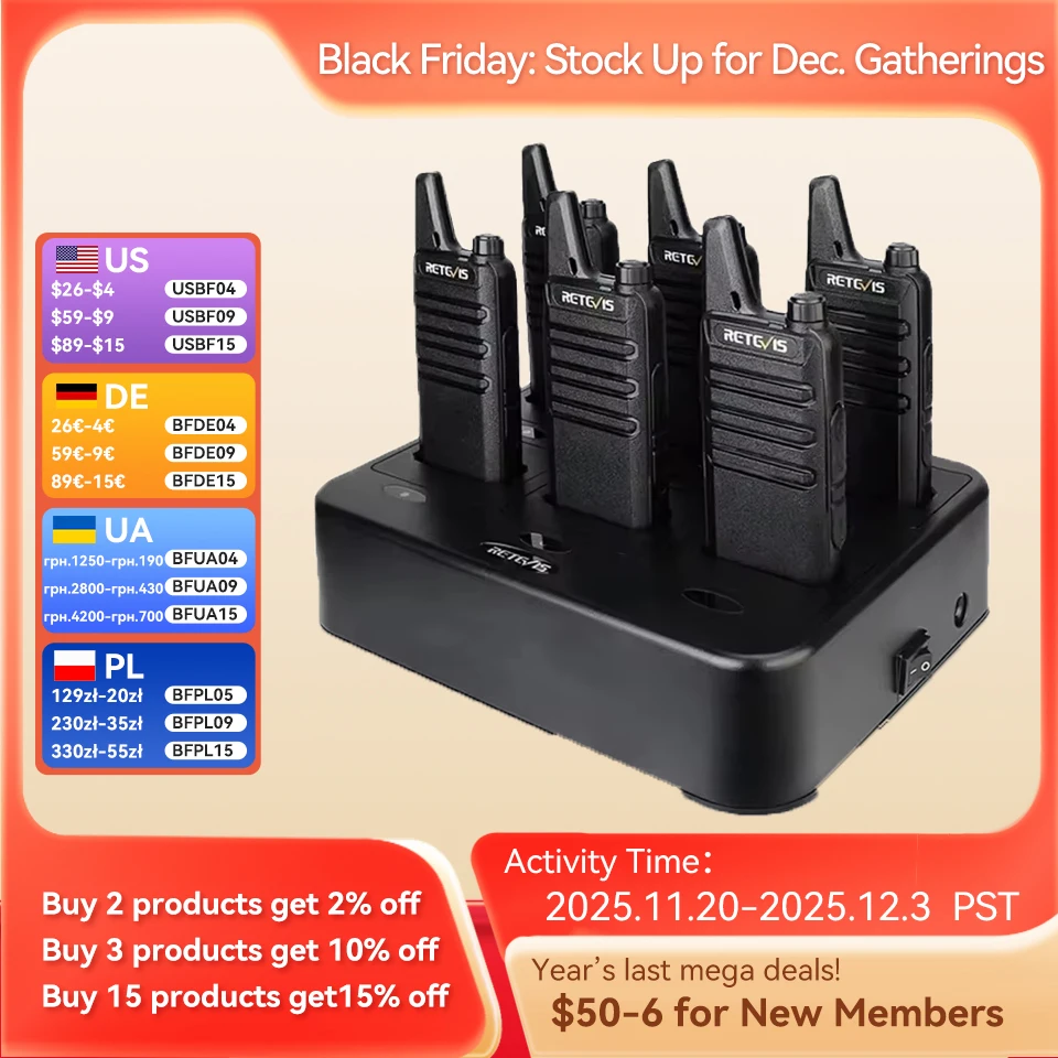 Retevis RT622 Walkie Talkie 6pcs Mini Walkie Talkie PMR FRS Walkie Talkie Set with 6 Way Multi Gang Charger for Hotel Restaurant