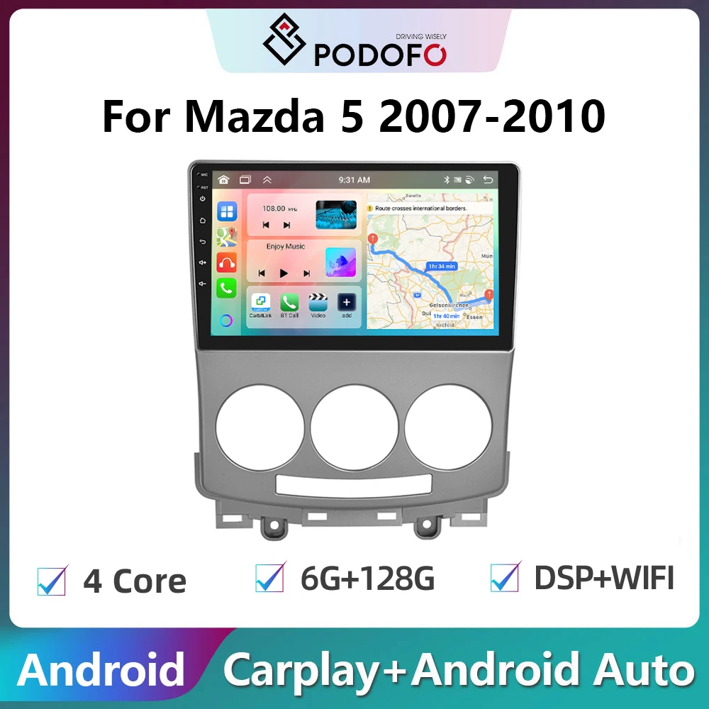 

Автомагнитола Podofo, 2DIN, Android, мультимедийный видеоплеер для Mazda 5 2007-2010, GPS-навигация, Carplay, автомобильное стереоустройство