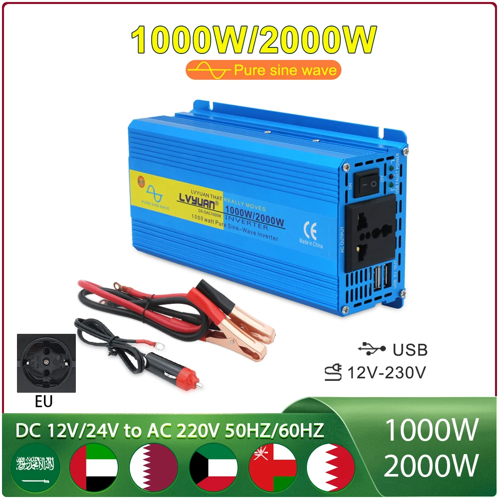 

Inverter 12V 24V 220v Pure Sine Wave 1000W/2000W Transformer Convert EU UN Socket Converter 50HZ 60HZCar inverter