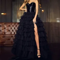 Black Layered Tulle Maxi Skirt Women Elastic Waist Tiered Multi Layers Long Prom Party Skirt High Split Tutu Wedding Skirt 1