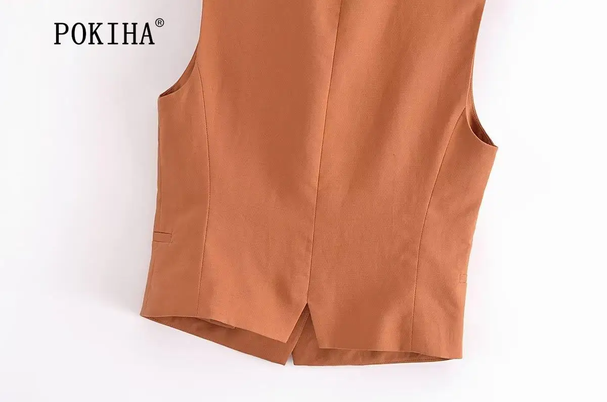 Pokiha Fashion Women Vintage Linen Front Buttons Cropped Waistcoat And Elegant Mid Waisted Midi Dress Female Chic Two_voghion.com