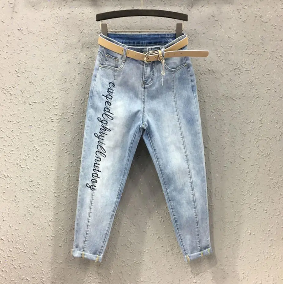 

Letters Embroidery Patchwork Loose Harem Jeans Women New Spring Summer High Waist Was Thin Denim Pants Female s224