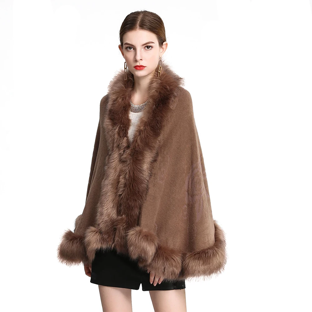 Poncho Cape Tricoté Avec Fausse Fourrure Renard - Taille Unique, Manches Chauve-souris, Style Coréen